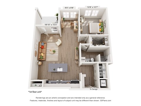 Floor plan for 1 bed, 1 bath, 978 sqft
